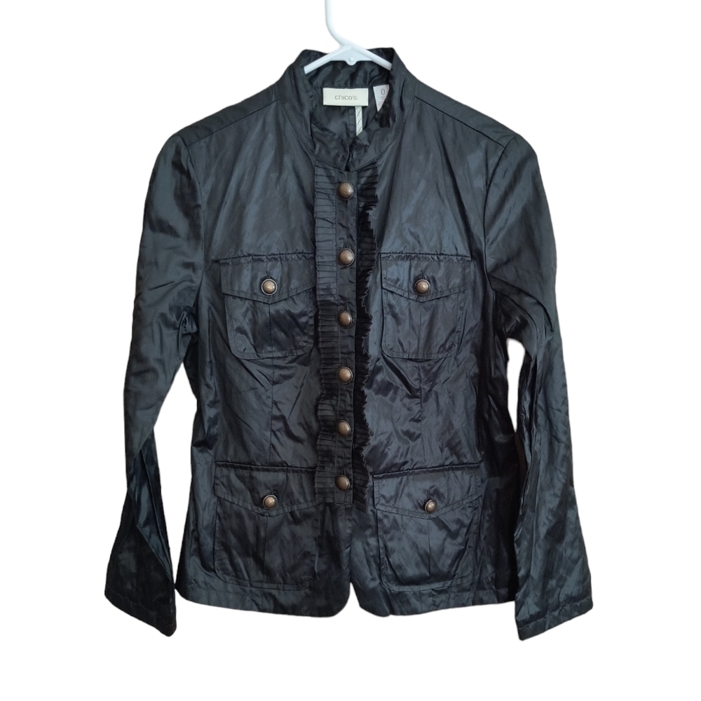 Chico's Black Windbreaker Jacket With Ruffle Front Size 0 (US Size S)